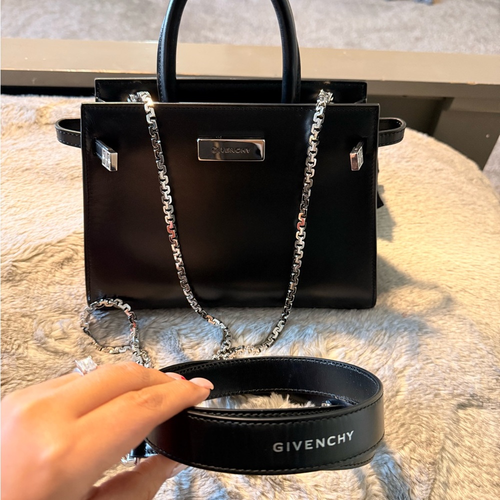 SOLD.     Givenchy Black Satchel with Metal Chain Strap and leather strap